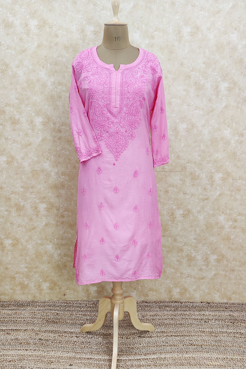 Pink Colour Hand Embroidered Lucknowi Chikankari Cotton Silk Kurti- MC251887
